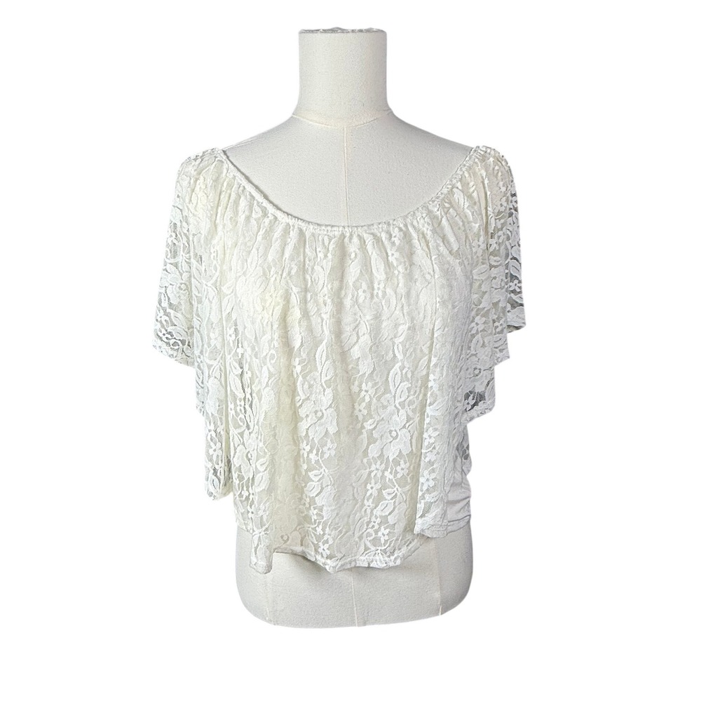 Cream Floral Lace Off Shoulder Cape Sleeve Crop Top XL festival country cottage